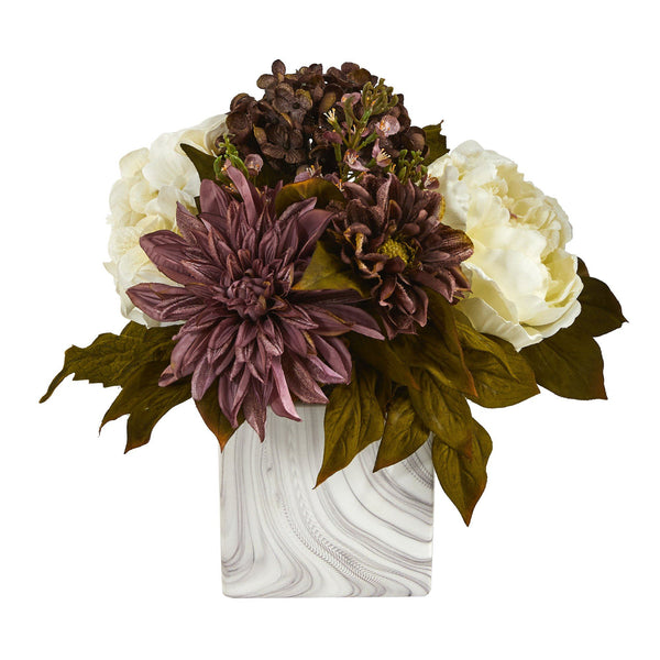 13” Peony, Hydrangea and Dahlia Artificial Arrangement in Marble Finished Vase