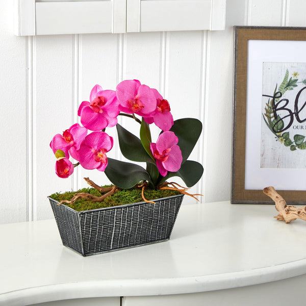 13” Phalaenopsis Orchid Artificial Arrangement in Embossed Tin Vase