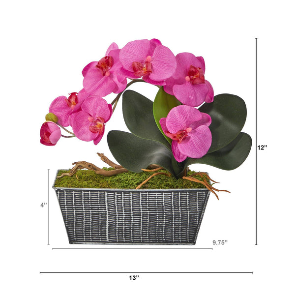 13” Phalaenopsis Orchid Artificial Arrangement in Embossed Tin Vase