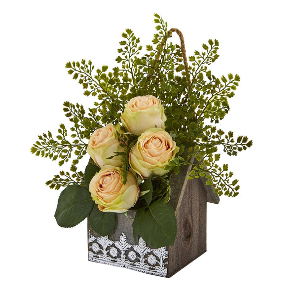 13” Rose and Maiden Hair Arrangement in Hanging Planter