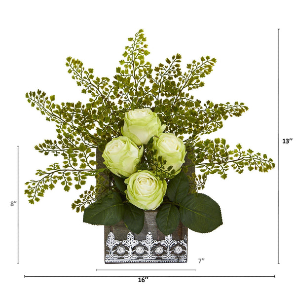 13” Rose and Maiden Hair Arrangement in Hanging Planter