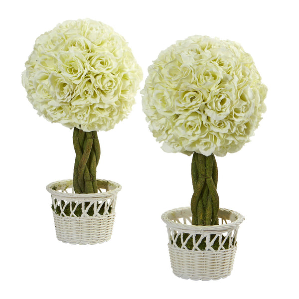 13” Rose Topiary in White Pot Artificial Plant (Set of 2)
