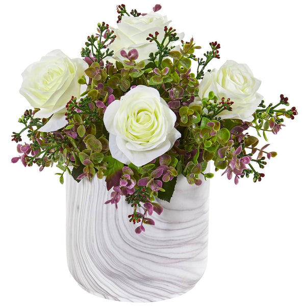 13” Roses & Eucalyptus Artificial Arrangement in Marble Finished Vase
