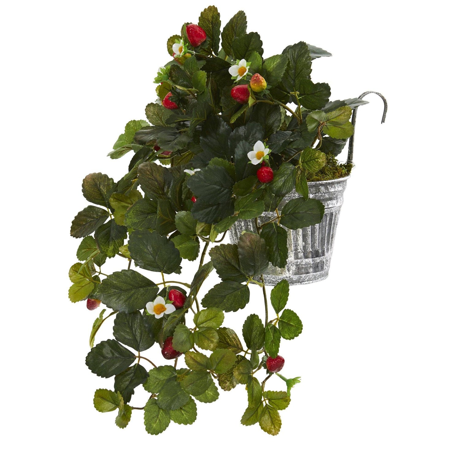 13” Strawberry Artificial Plant in Vintage Hanging Metal Planter