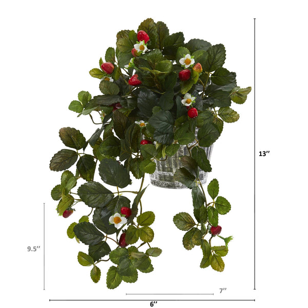13” Strawberry Artificial Plant in Vintage Hanging Metal Planter