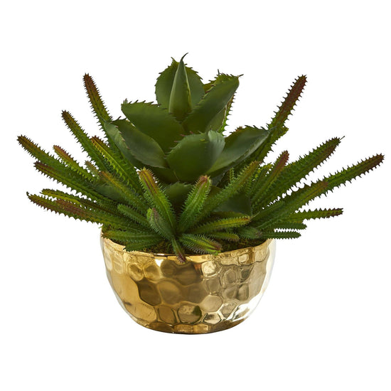 13” Succulent Artificial Plant in Gold Bowl Nearly Natural