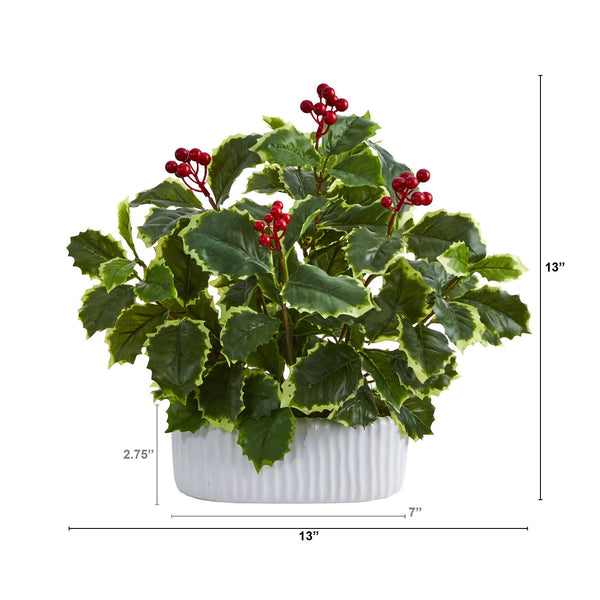 13” Variegated Holly Leaf Artificial Plant in White Planter (Real Touch)