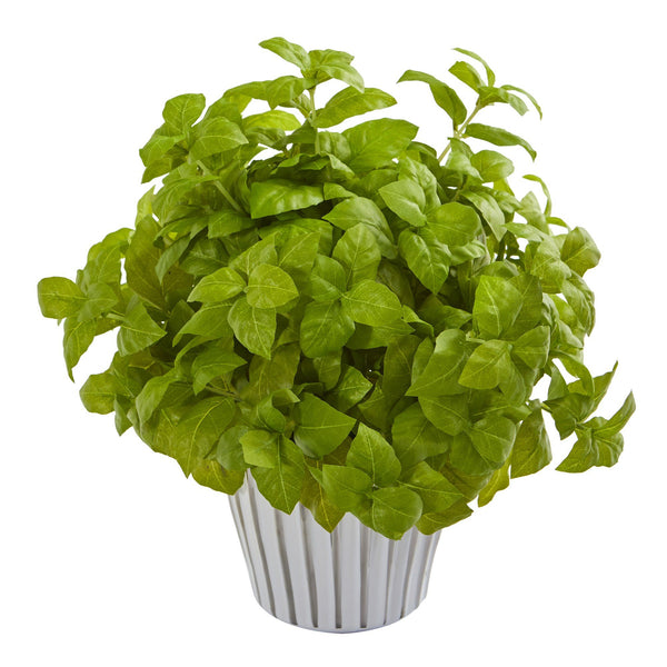 14” Basil Artificial Plant in White Planter with Silver Trimming