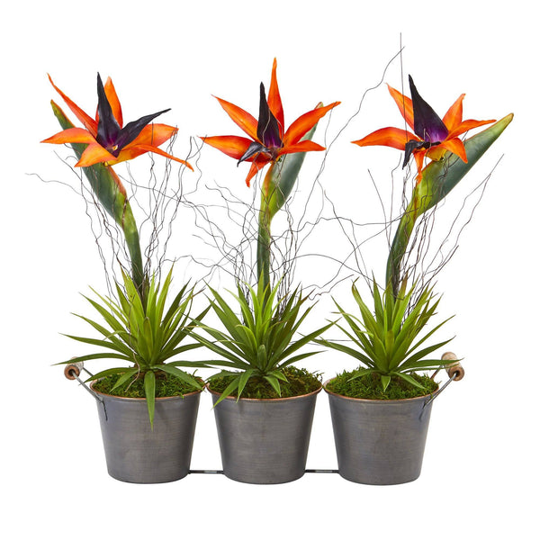 14” Bird of Paradise and Succulent Artificial Arrangement in Trio Metal Planter