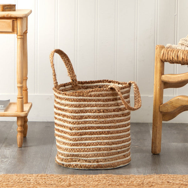 14” Boho Chic Basket Natural Cotton and Jute, Handwoven Stripe with Handles