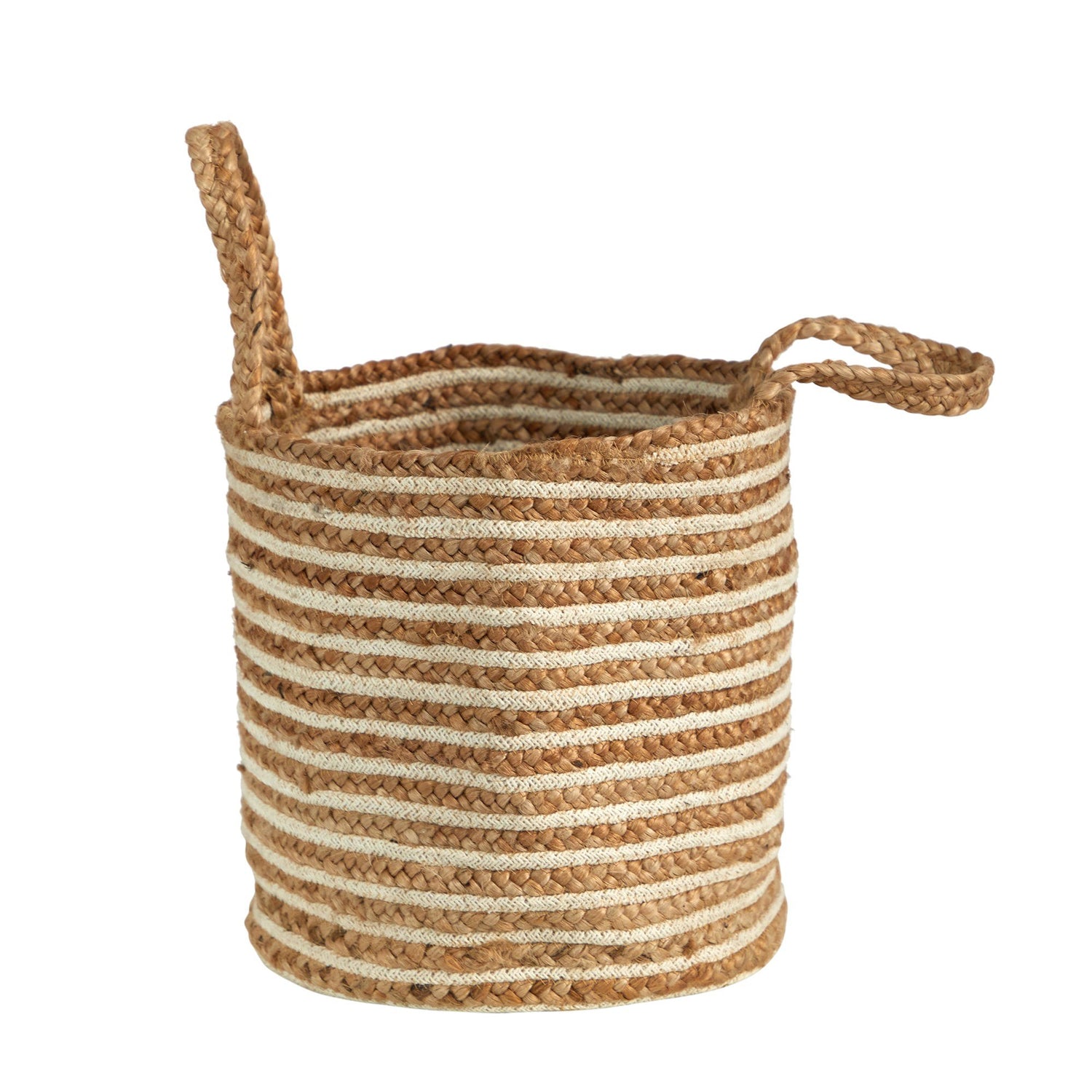 14” Boho Chic Basket Natural Cotton and Jute, Handwoven Stripe with Handles