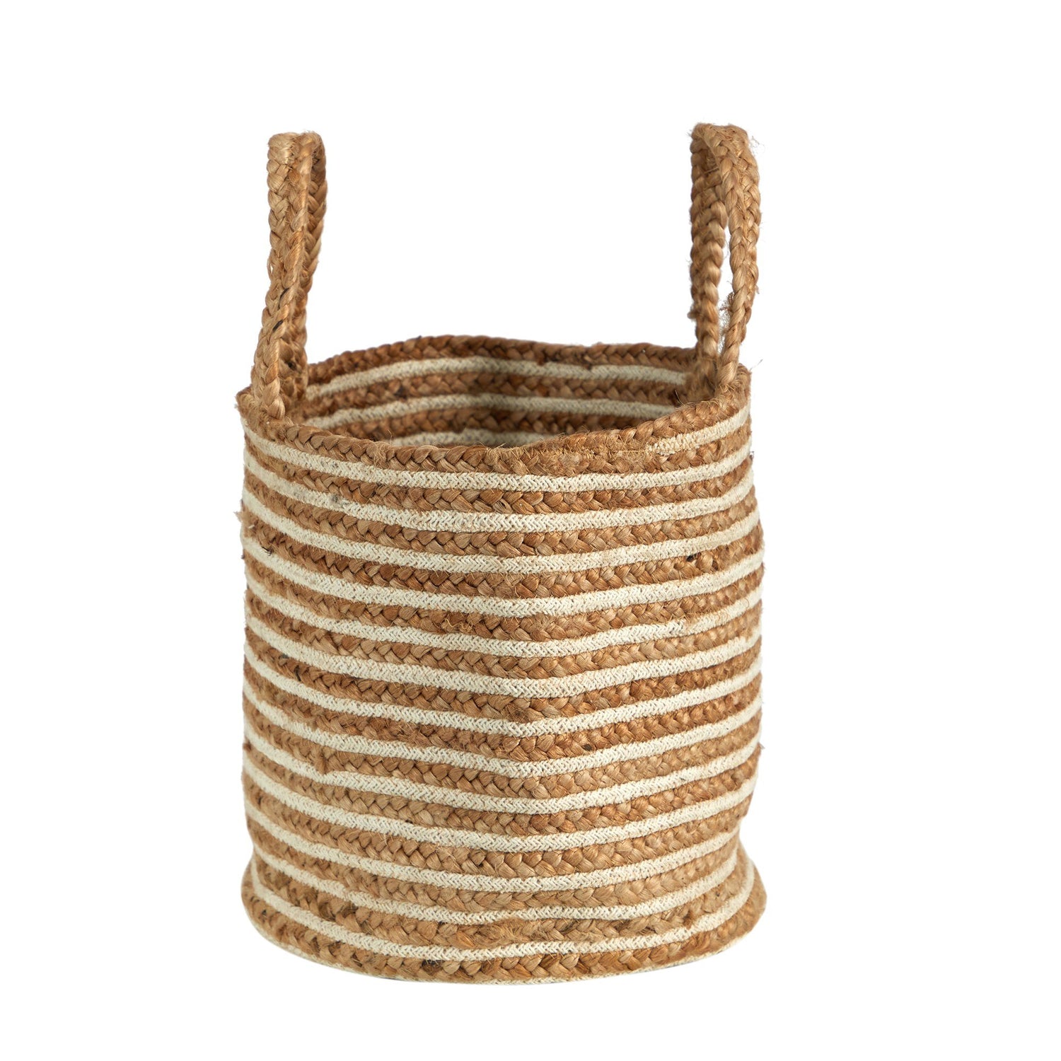 14” Boho Chic Basket Natural Cotton and Jute, Handwoven Stripe with Handles