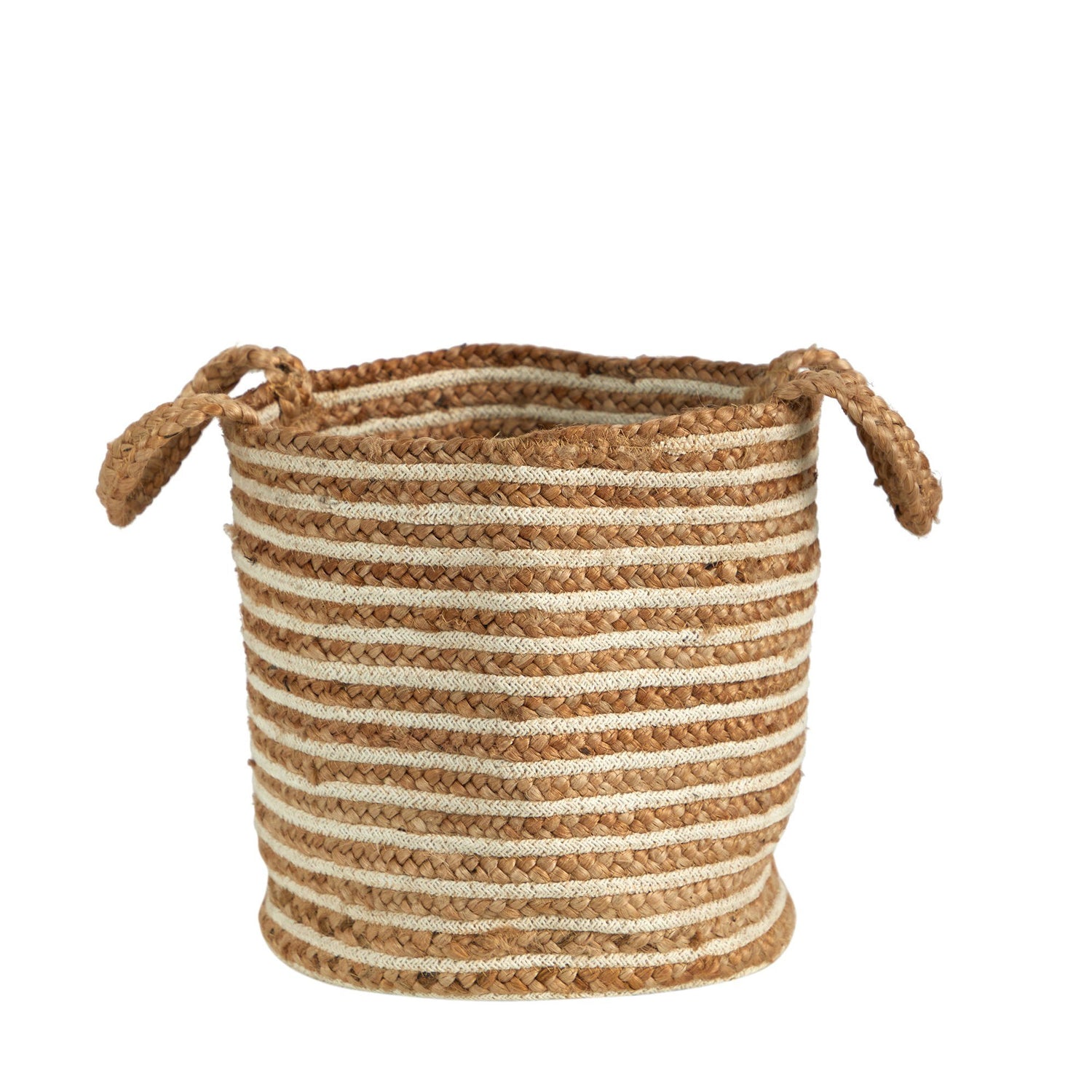 14” Boho Chic Basket Natural Cotton and Jute, Handwoven Stripe with Handles