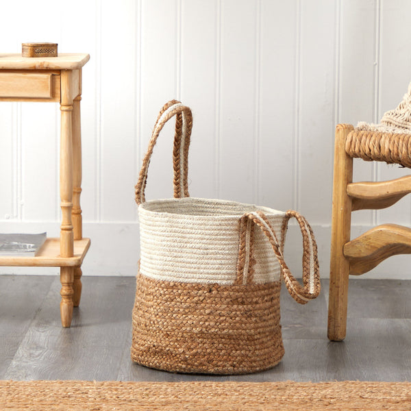 14” Boho Chic Basket Natural Cotton and Jute with Handles