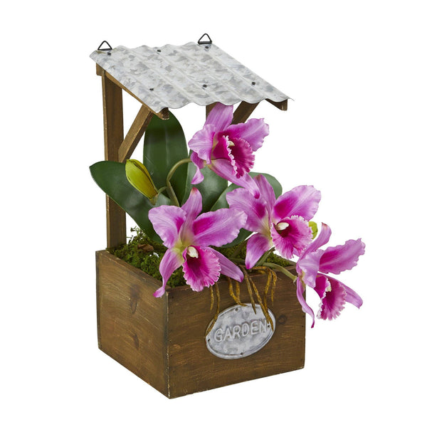 14” Cattleya Orchid Arrangement in Tin Roof Planter