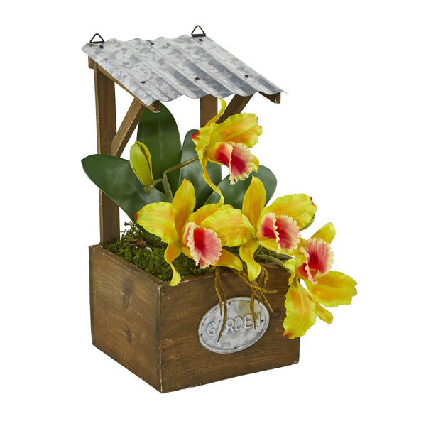 14” Cattleya Orchid Arrangement in Tin Roof Planter
