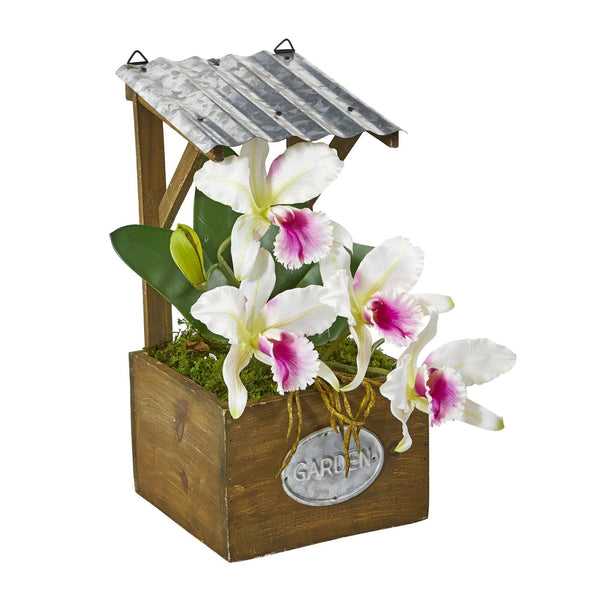 14” Cattleya Orchid Arrangement in Tin Roof Planter