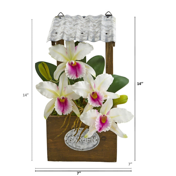14” Cattleya Orchid Arrangement in Tin Roof Planter