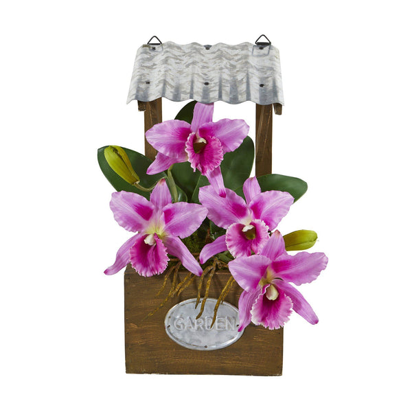 14” Cattleya Orchid Arrangement in Tin Roof Planter