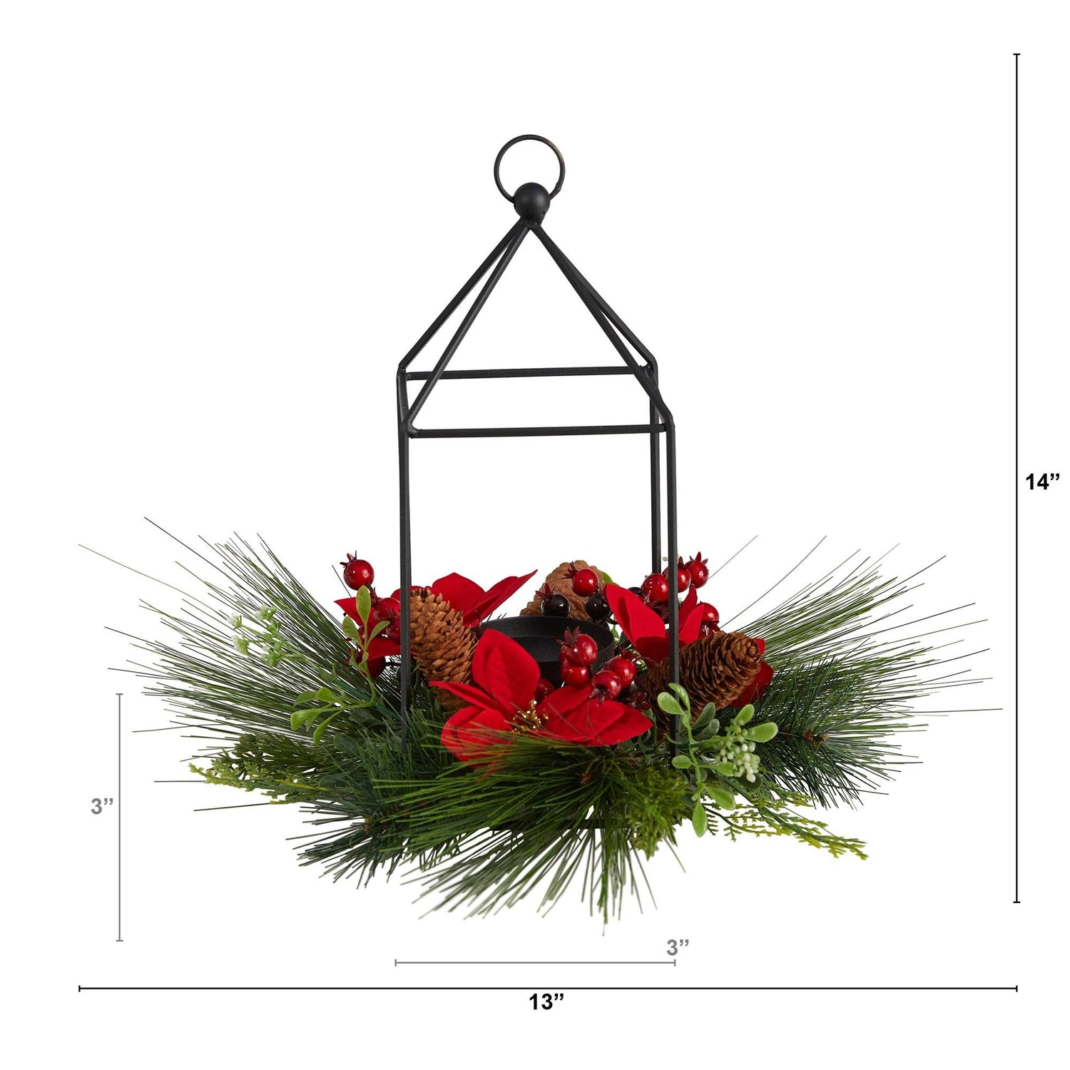 14” Christmas Poinsettia, Berry and Pinecone Metal Candle Holder Christmas Table Arrangement