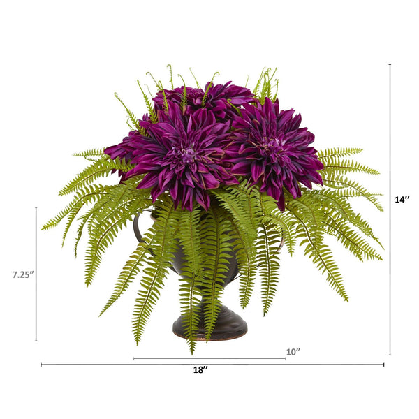 14” Dahlia and Fern Artificial Arrangement in Metal Goblet