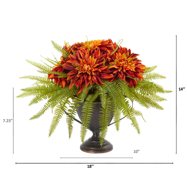 14” Dahlia and Fern Artificial Arrangement in Metal Goblet