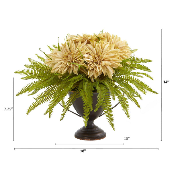 14” Dahlia and Fern Artificial Arrangement in Metal Goblet