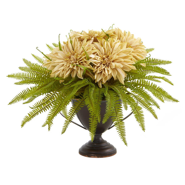 14” Dahlia and Fern Artificial Arrangement in Metal Goblet