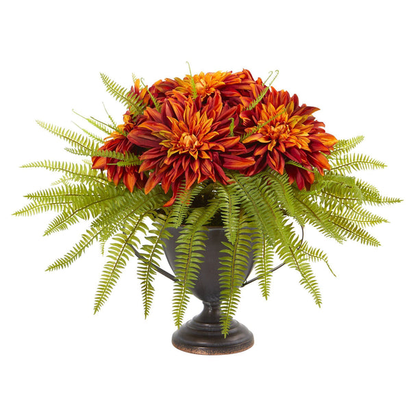 14” Dahlia and Fern Artificial Arrangement in Metal Goblet