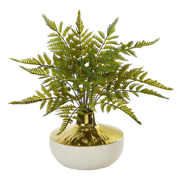 14” Fern Artificial Plant in Gold and Cream Elegant Vase
