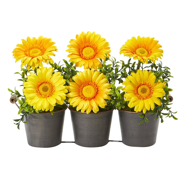 14” Gerber Daisy Artificial Arrangement in Trio Metal Vase