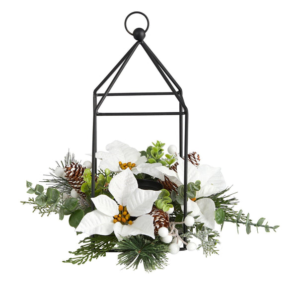 14” Holiday White Poinsettia, Berries and Pine Cone Metal Candle Holder Table Christmas Arrangement