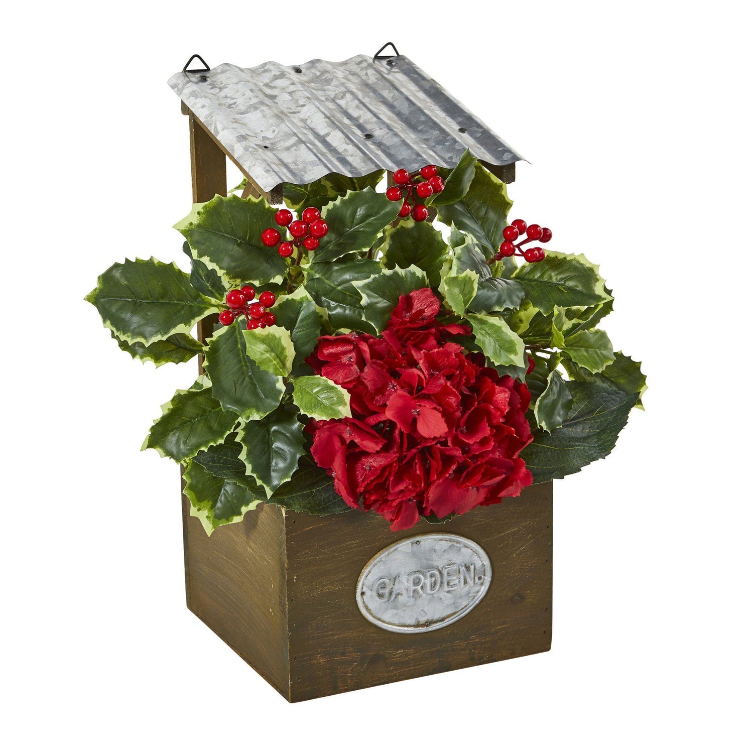 14” Hydrangea and Holly Leaf Artificial Arrangement in Tin Roof Planter
