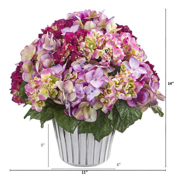 14” Hydrangea Arrangement in White Vase Silver Trimming