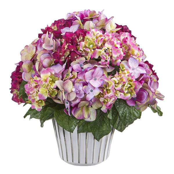 14” Hydrangea Arrangement in White Vase Silver Trimming