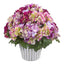 14” Hydrangea Arrangement in White Vase Silver Trimming