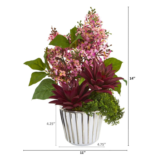 14” Lilac and Succulent Arrangement in Vase with Trimming