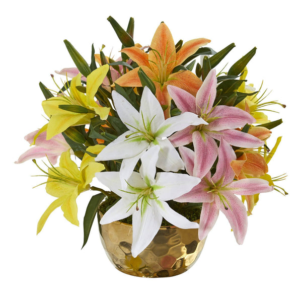 14” Lily Artificial Arrangement in Gold Vase
