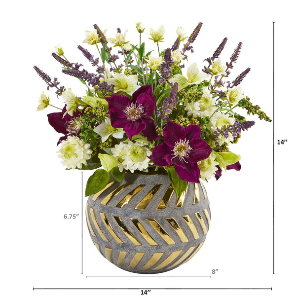 14” Mixed Artificial Flower Arrangement in Stoneware Vase with Gold Trimming