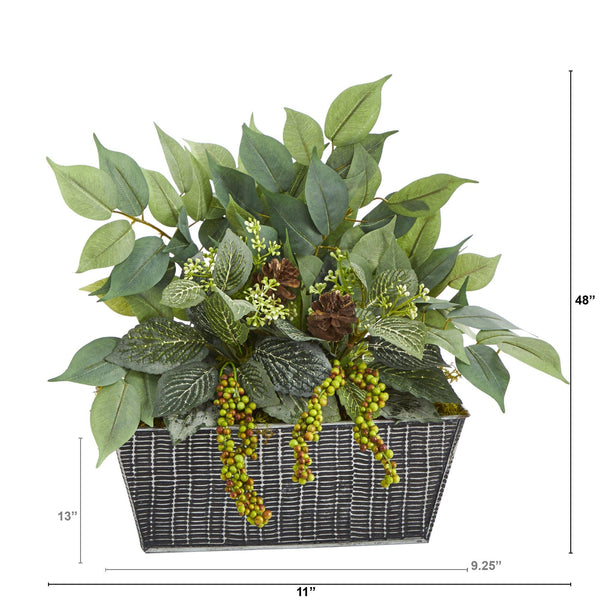 14” Mixed Ficus and Fittonia Artificial Plant in Embossed Tin Planter