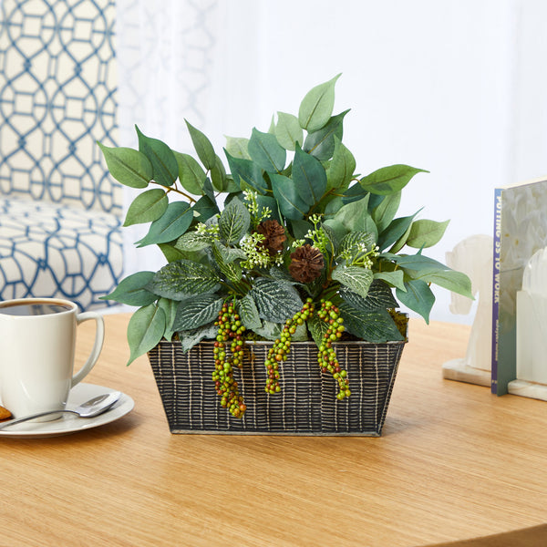 14” Mixed Ficus and Fittonia Artificial Plant in Embossed Tin Planter