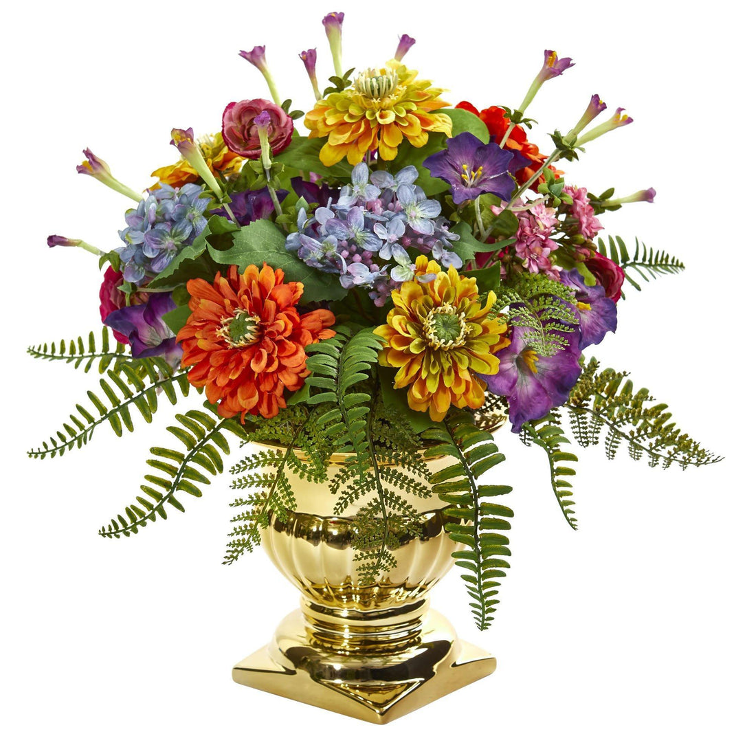 14’’ Mixed Floral Artificial Arrangement in Gold Urn Nearly Natural
