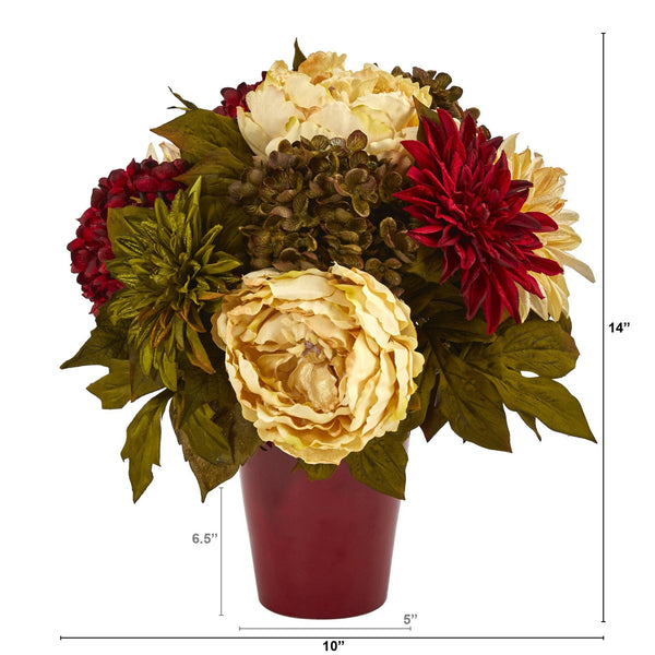 14” Peony, Hydrangea and Dahlia Artificial Arrangement in Burgundy Vase