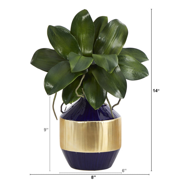 14” Phalaenopsis Orchid Leaf Artificial Plant in Blue and Gold Planter