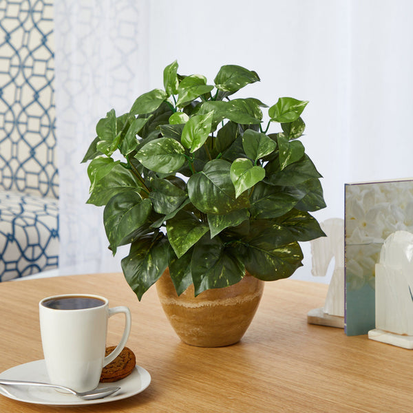 14” Pothos Artificial Plant in Ceramic Planter