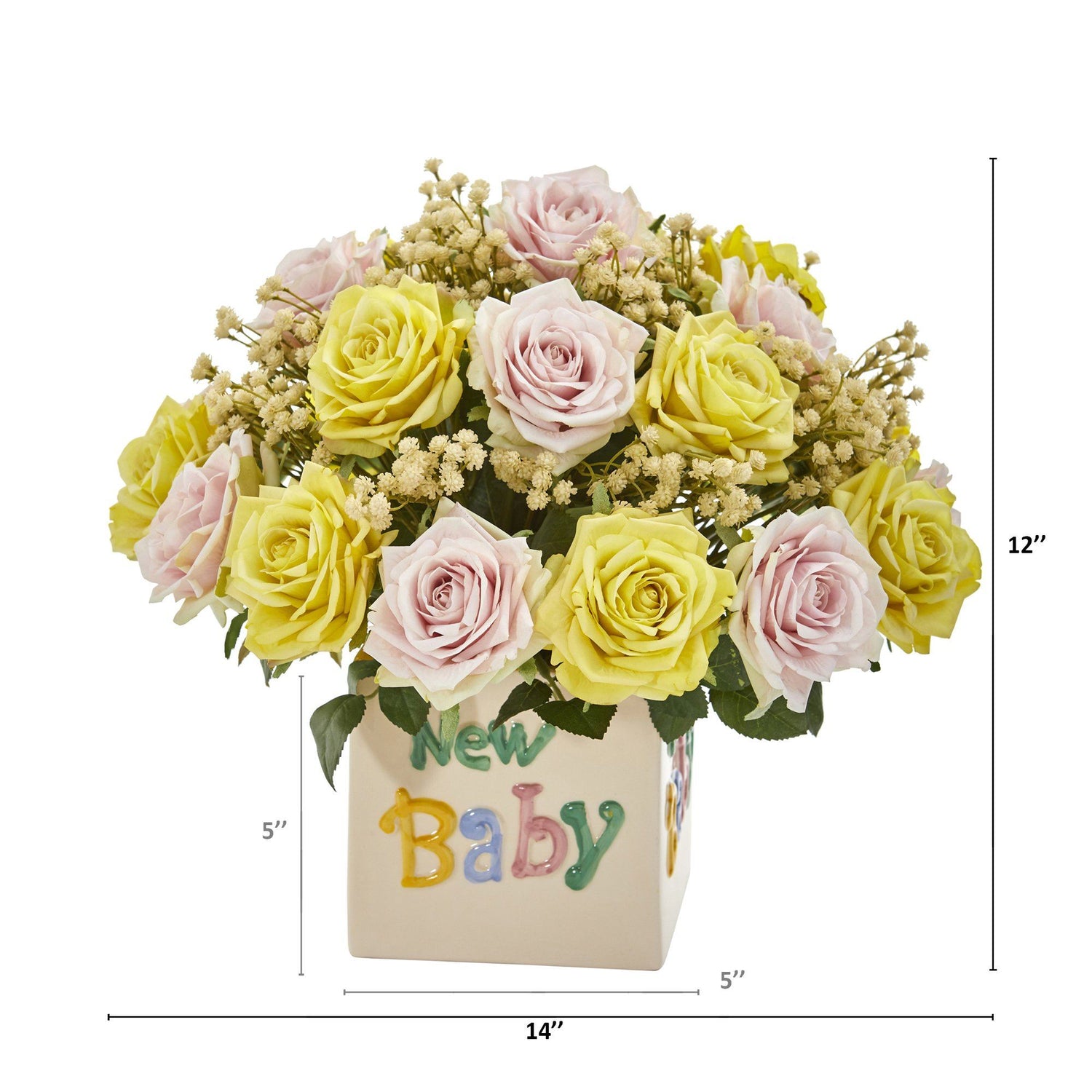 14” Rose and Gypsophillia Artificial Arrangement in “New Baby” Vase