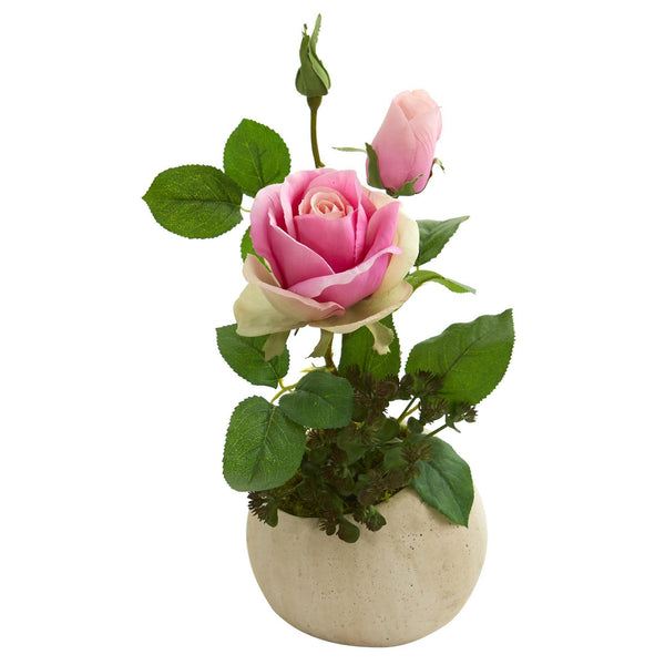 14” Rose and Sedum Succulent Artificial Arrangement in Stone Gray Vase