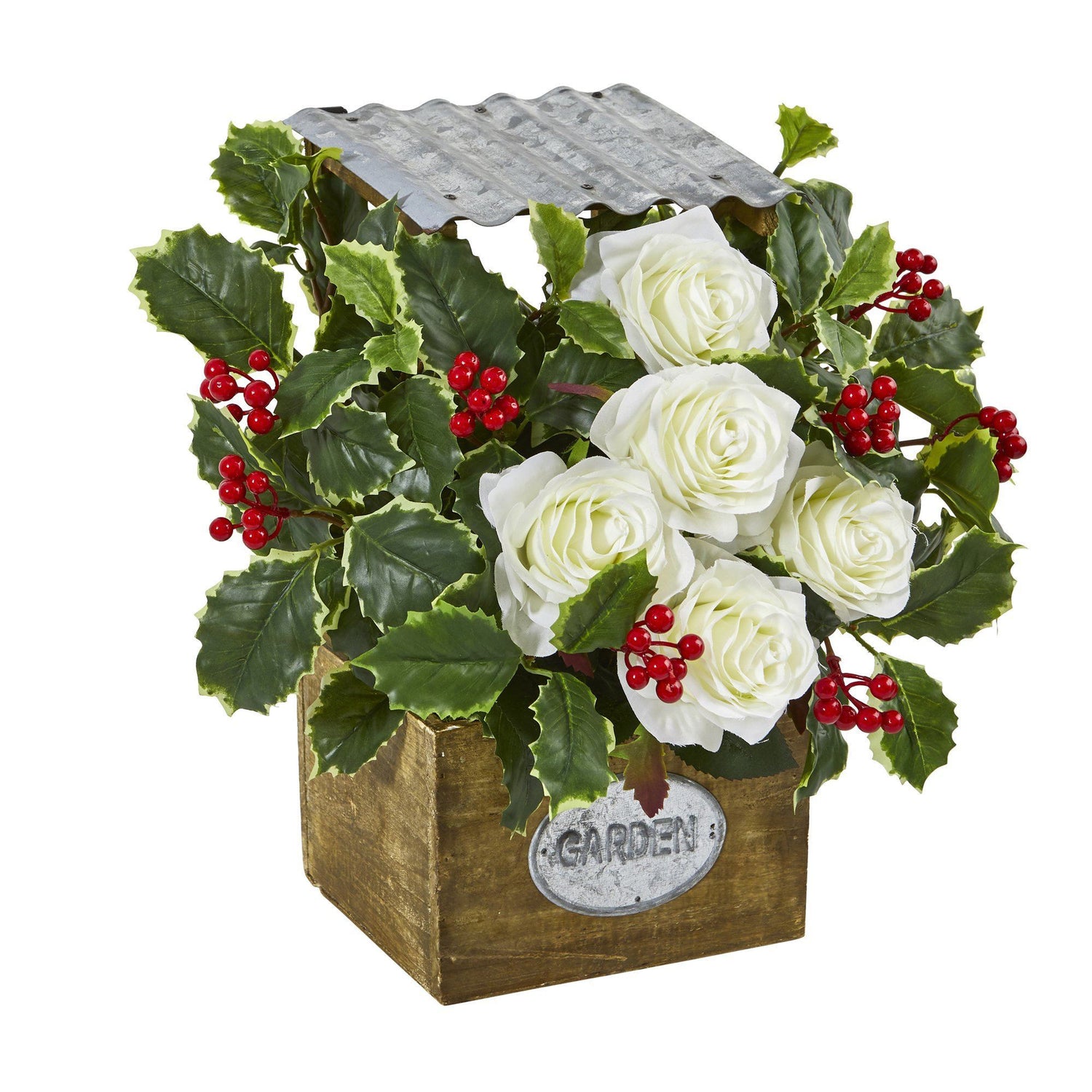 14” Rose and Variegated Holly Leaf Artificial Arrangement in Tin Roof Planter