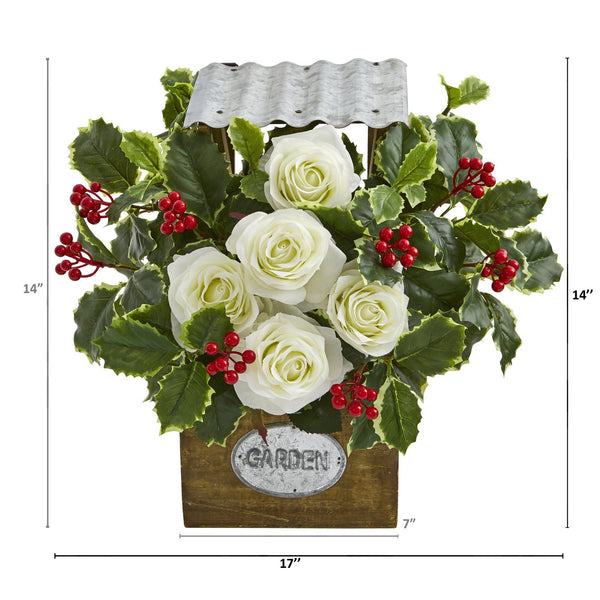 14” Rose and Variegated Holly Leaf Artificial Arrangement in Tin Roof Planter