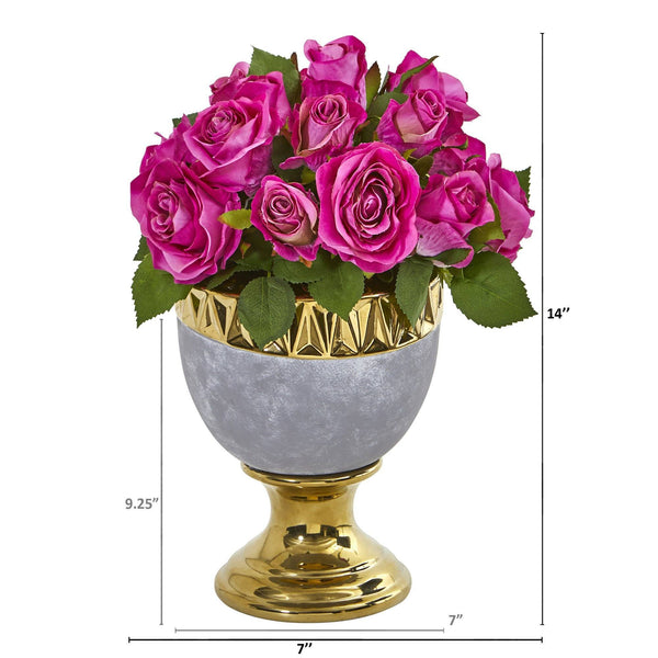 14” Rose Artificial Arrangement in Urn with Gold Trimming